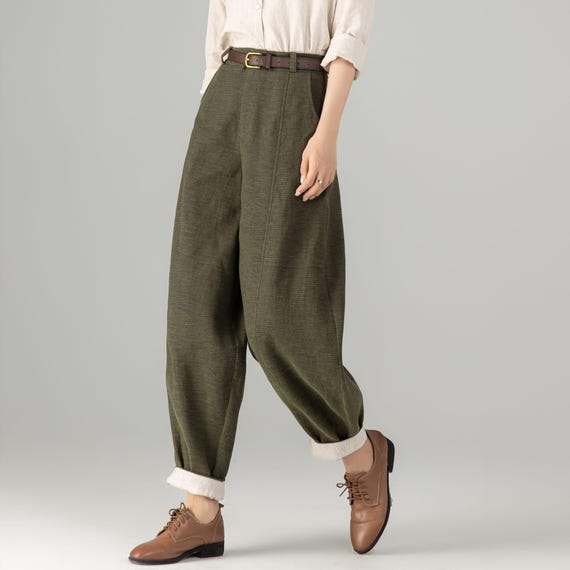 Women's Linen baggy pants, Casual Baggy Harem Pants, Army green Long linen pants, Spring linen pants, Loose Fitting Pants, Xiaolizi 5703