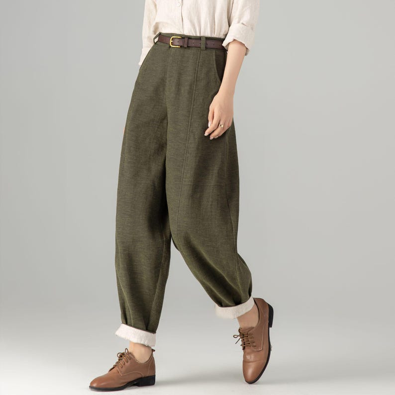 Women's Linen baggy pants, Casual Baggy Harem Pants, Army green Long linen pants, Spring linen pants, Loose Fitting Pants, Xiaolizi 5703 1-Army green