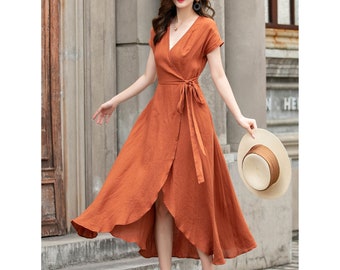 Robe portefeuille en lin, robe portefeuille en lin orange à manches courtes, robe d'été midi en lin, robe pour femme, robe longue en lin, robe en lin faite main 4287 #