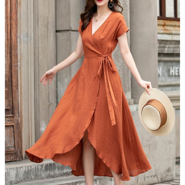 Wrap Linen dress, Short sleeve Orange Linen Wrap dress, Summer Linen Midi dress, Womens dress, Long Linen dress, Handmade Linen dress 4287#