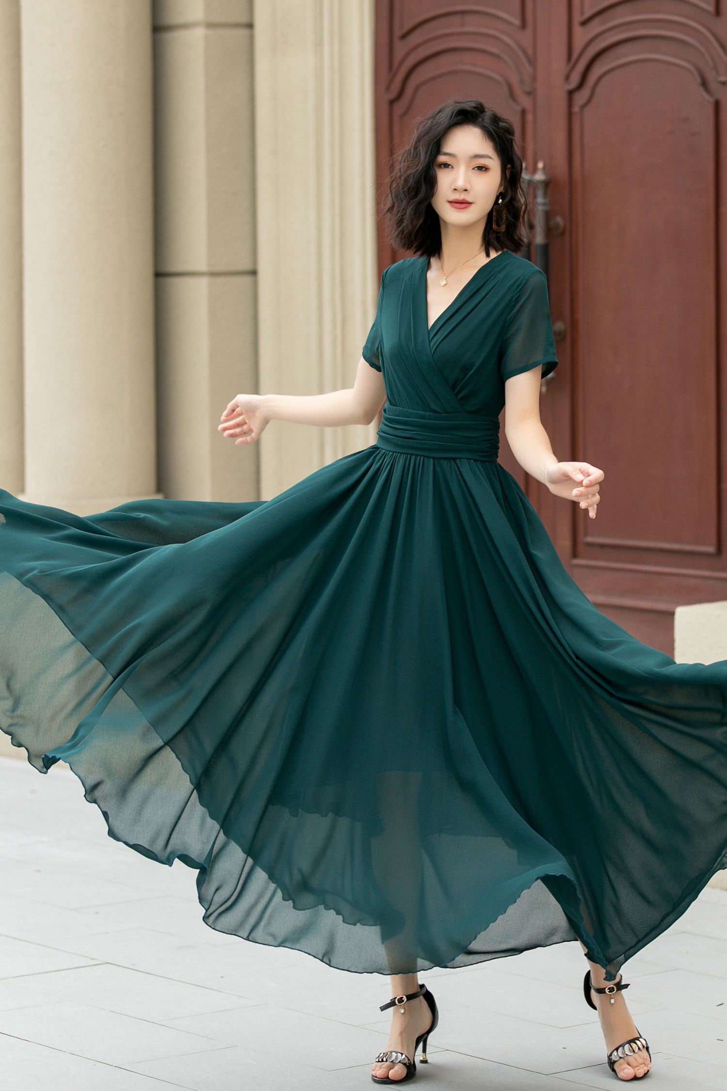 Chiffon Wedding Dress, Green Maxi Bridesmaid Dress, Short Sleeve