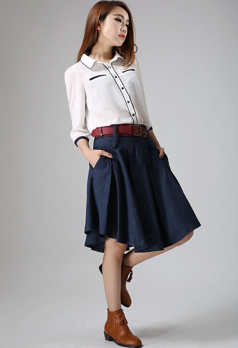 Belted Linen Midi Skirt With Pockets Blue Linen Skirt Short Etsy