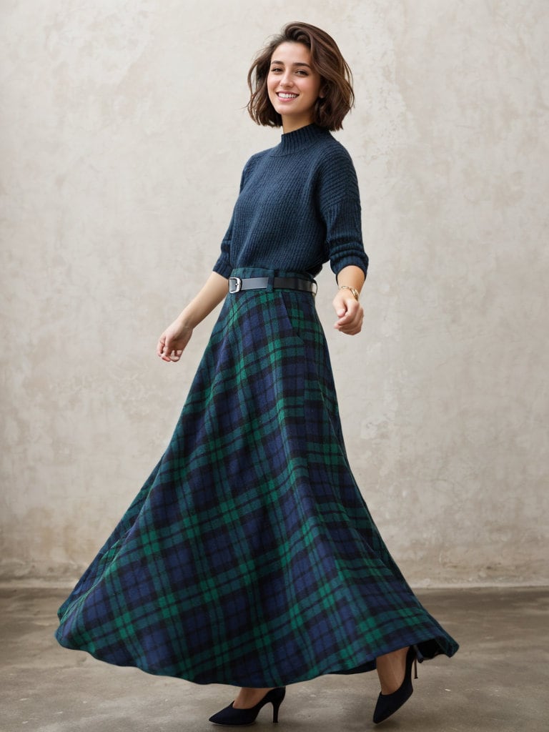 【THE MOZZ】Leaven Wool Check Pleated Skirt Wool Midi Tartan Skirt With High Waist & Pockets In Plaid