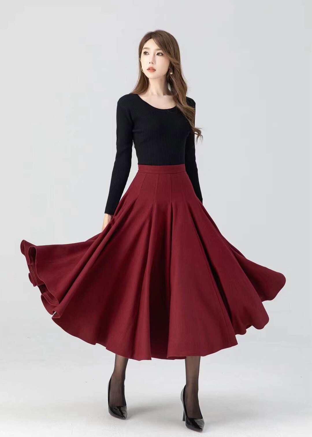 Wool Skirt, Midi Wool Skirt, Red Wool Skirt, Swing Wool Skirt, Womens