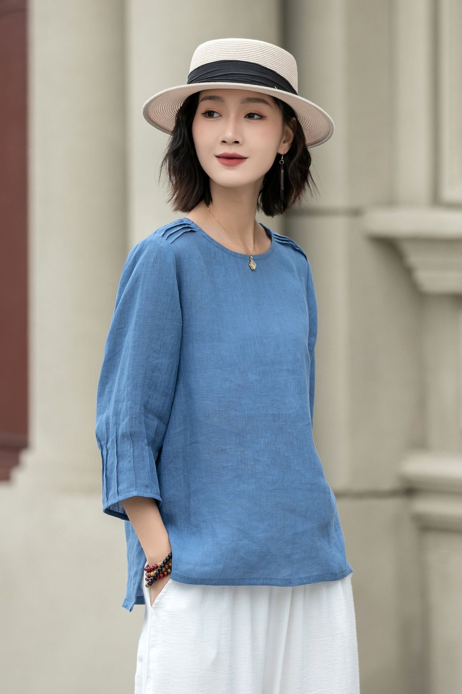 Linen Top, Loose Fit Linen Blouse, Blue Linen Top, Plus Size