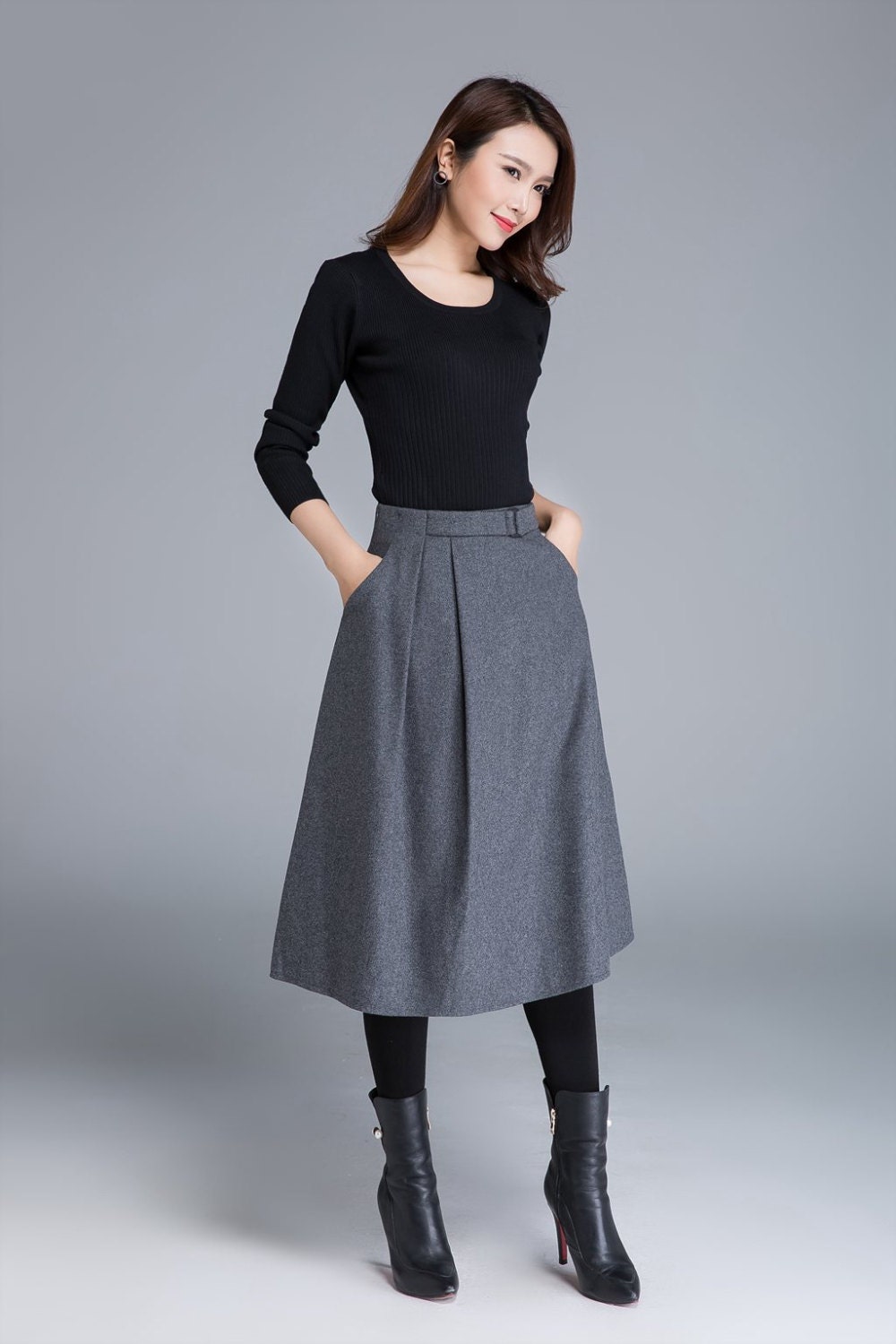 wool skirt grey skirt midi skirt skirt with pockets fitted