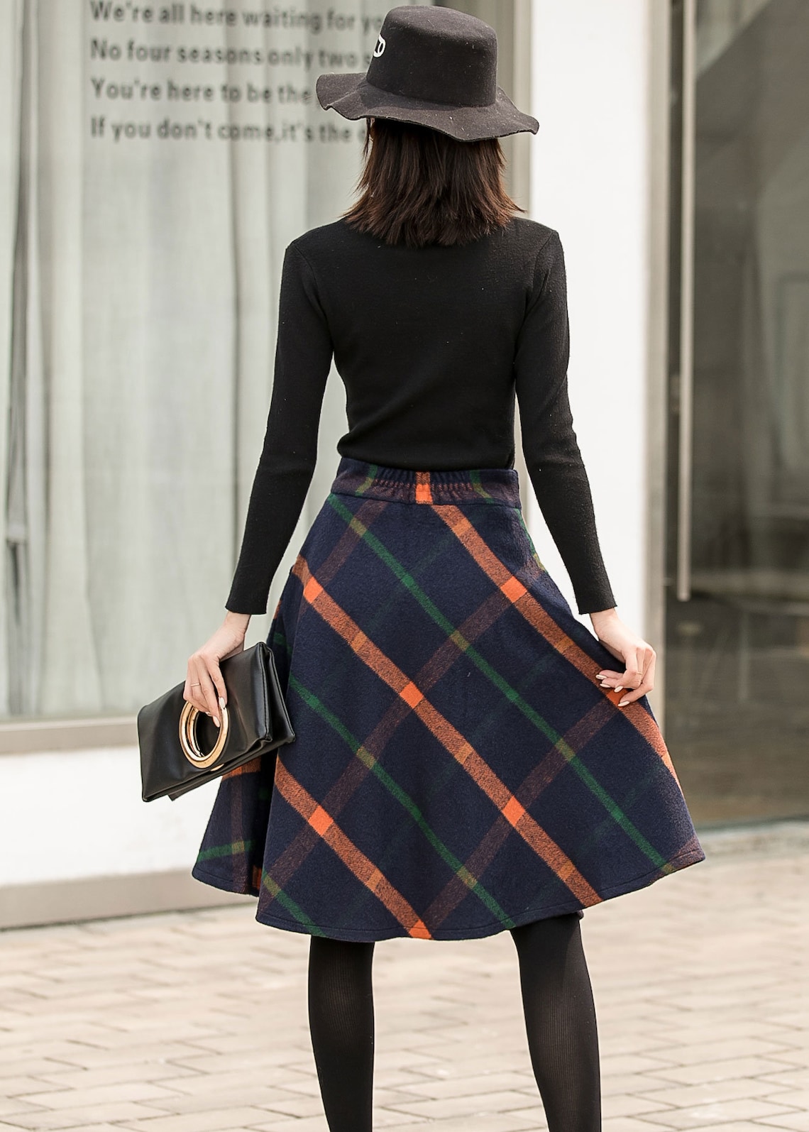 Knee Length Plaid Wool Skirt in Blue Winter/Autumn Wool Skirt Etsy