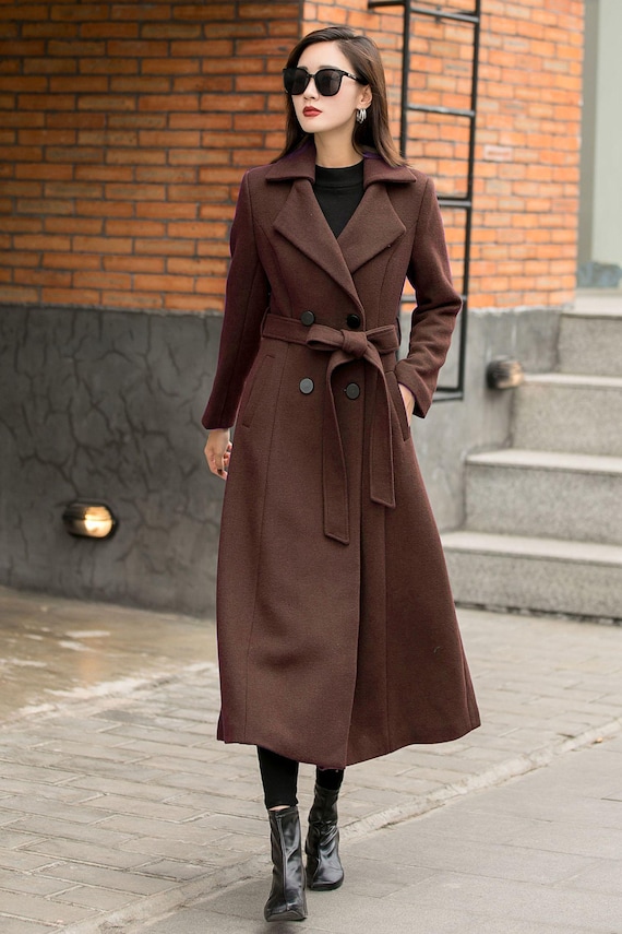 Brown Wool Blend Trench Coat, Long Double Breasted Belted Winter