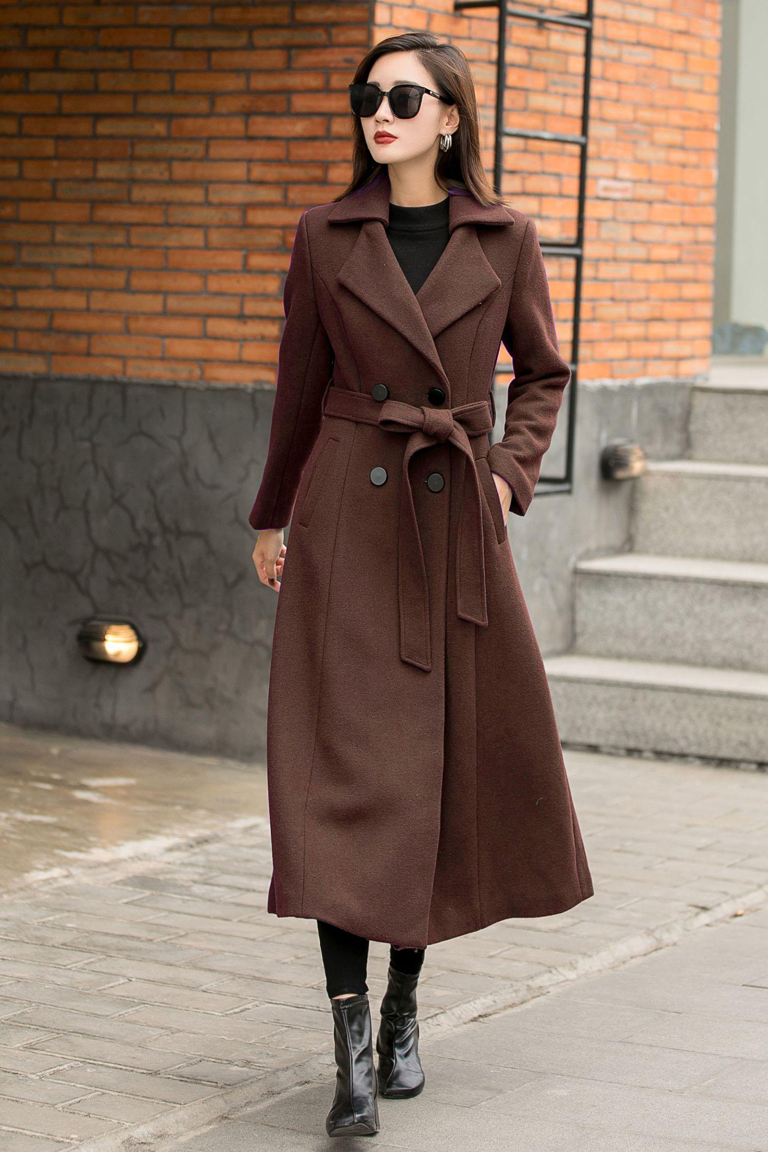 Brown Wool Blend Trench Coat, Long Double Breasted Belted Winter
