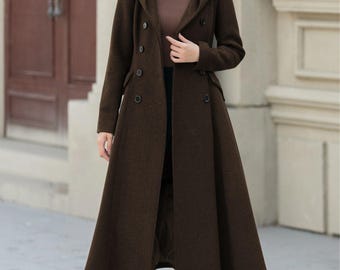 Wool Hooded Midi Coat: Vintage Double-breasted Winter Overcoat