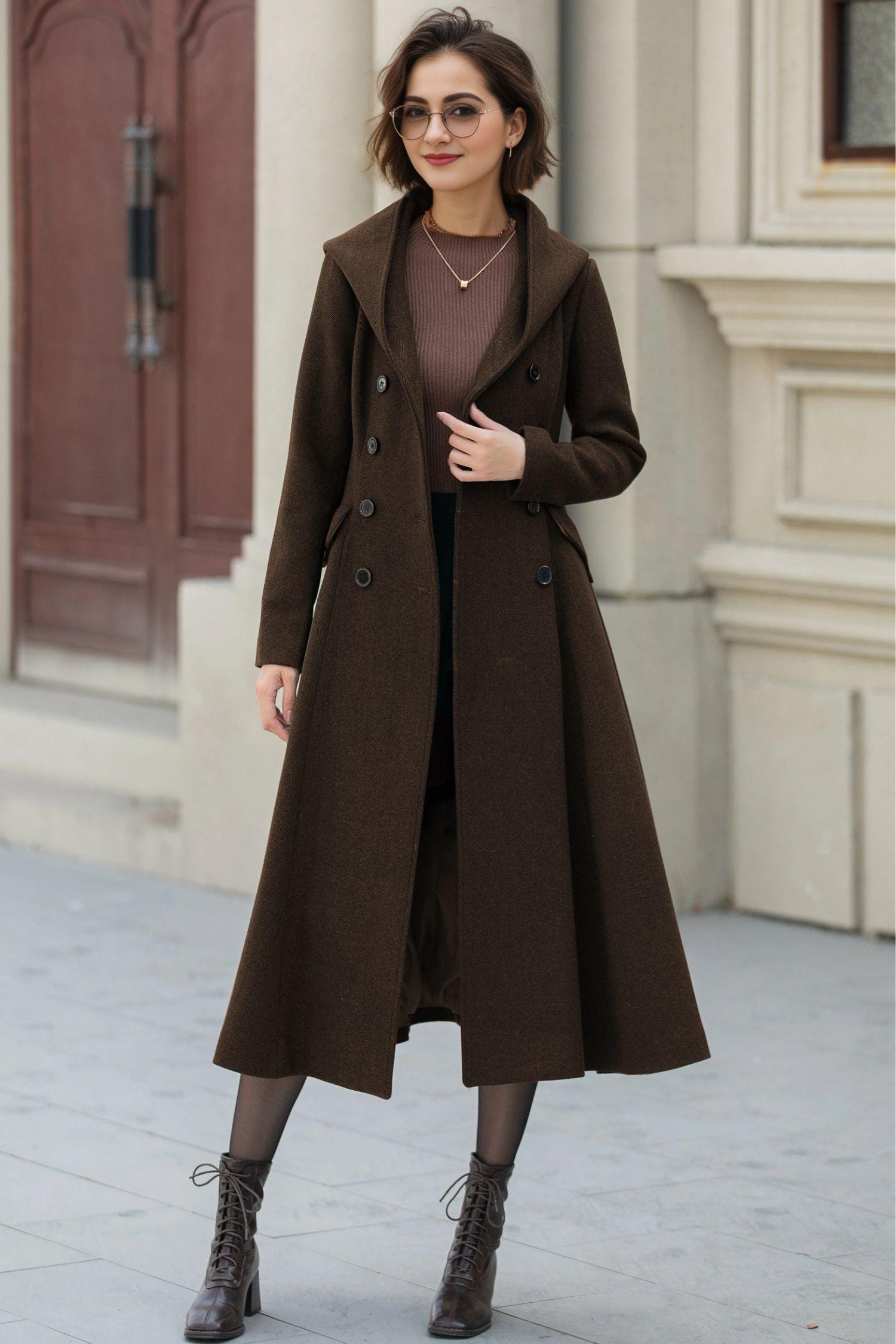 Wool Hooded Midi Coat: Vintage Double-breasted Winter Overcoat