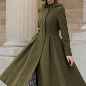 Wollmantel, Wollmantel mit Kapuze, Damen Wollmantel, Wintermantel Frauen, Swing Mantel, A-Linie Mantel, Täglicher Mantel, Handgemachter Mantel, Xiaolizi 5347 2-Army green