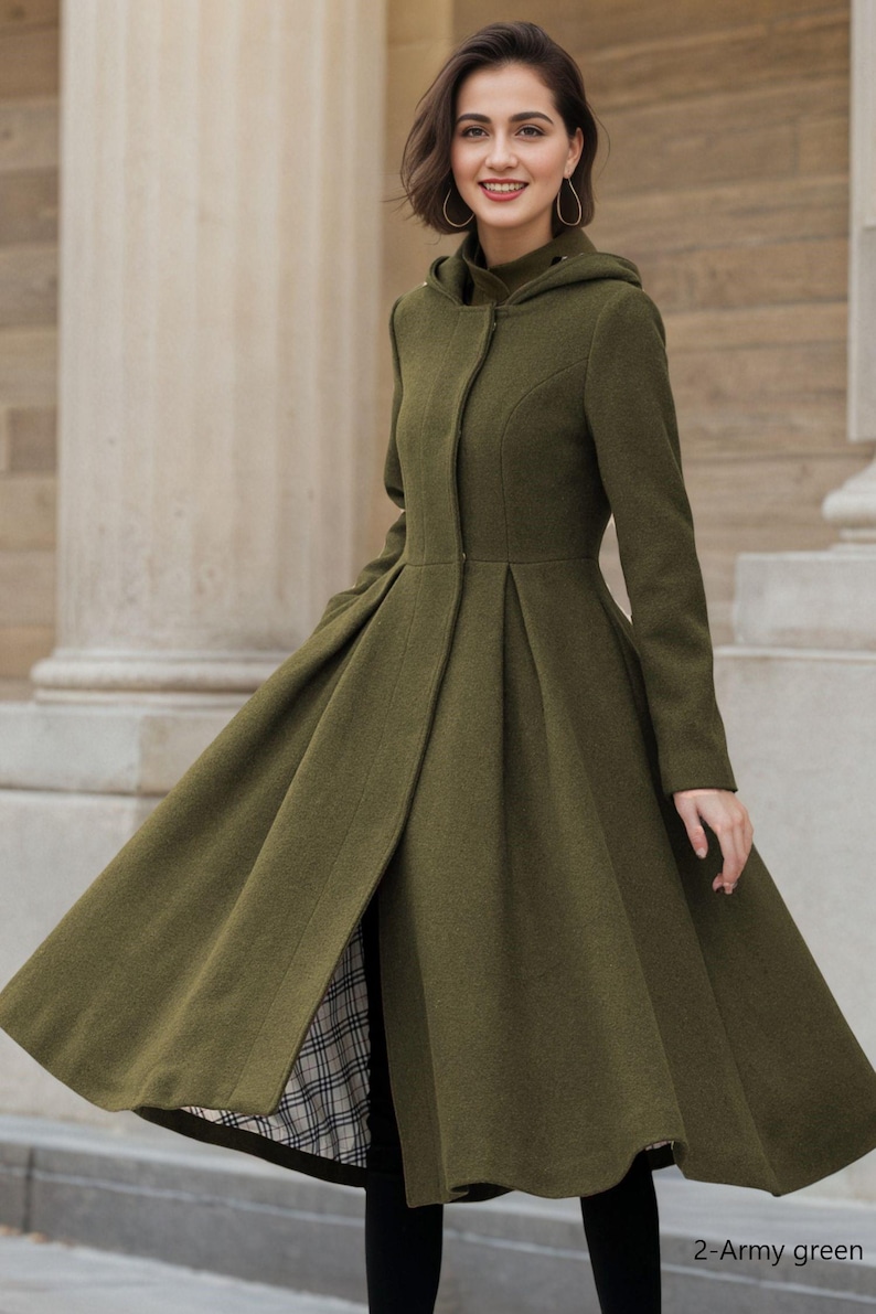 Wollmantel, Wollmantel mit Kapuze, Damen Wollmantel, Wintermantel Frauen, Swing Mantel, A-Linie Mantel, Täglicher Mantel, Handgemachter Mantel, Xiaolizi 5347 2-Army green