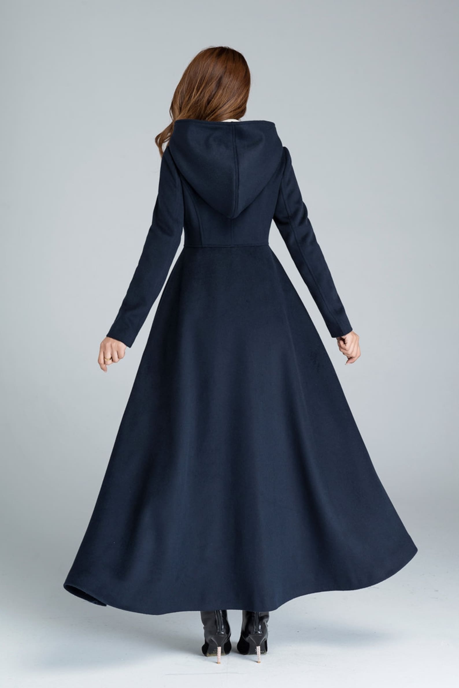 Long Wool Coat, Women's Winter Coat, Hooded Coat, Maxi Coat, Navy Blue
