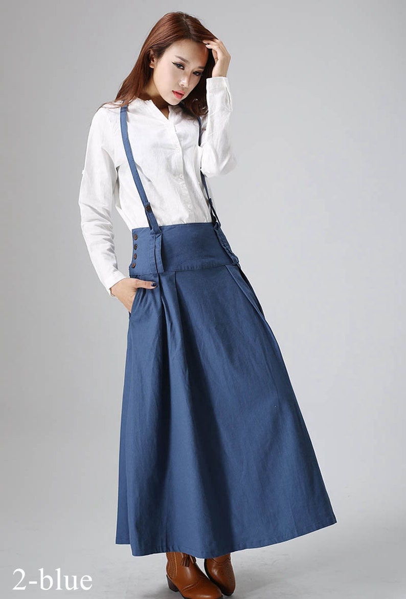 Linen Suspender Skirt Women, High Waisted Maxi Skirt with Pockets, Red Skirt, Custom Made Skirt, Casual Linen Skirt, Summer Fall Skirt 1035 2-blue