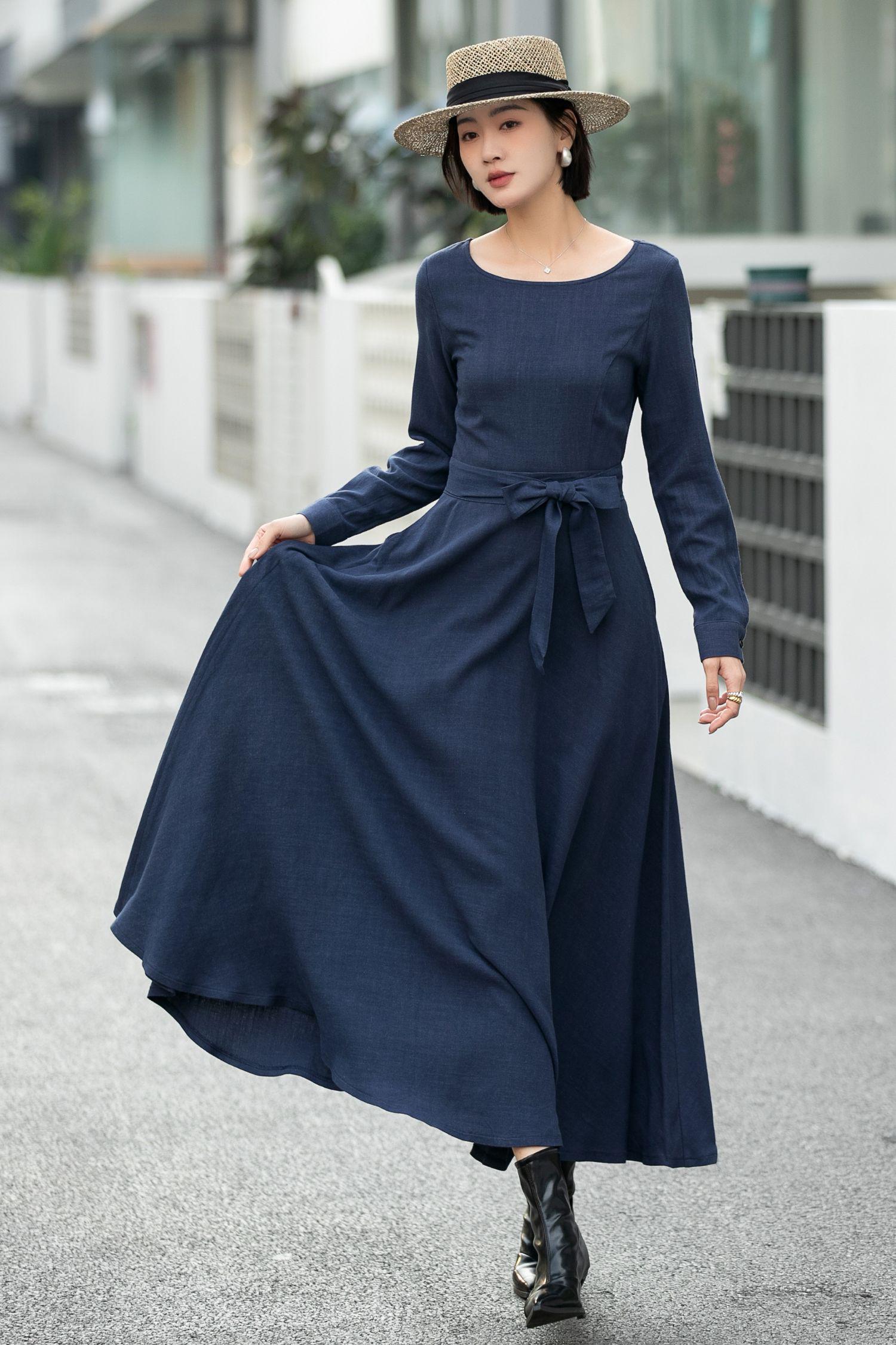 Navy bue Linen maxi dress, Long Linen dress, Belted Linen Dress with pockets, Womens Linen dress, Custom dress, Xiaolizi 6660#