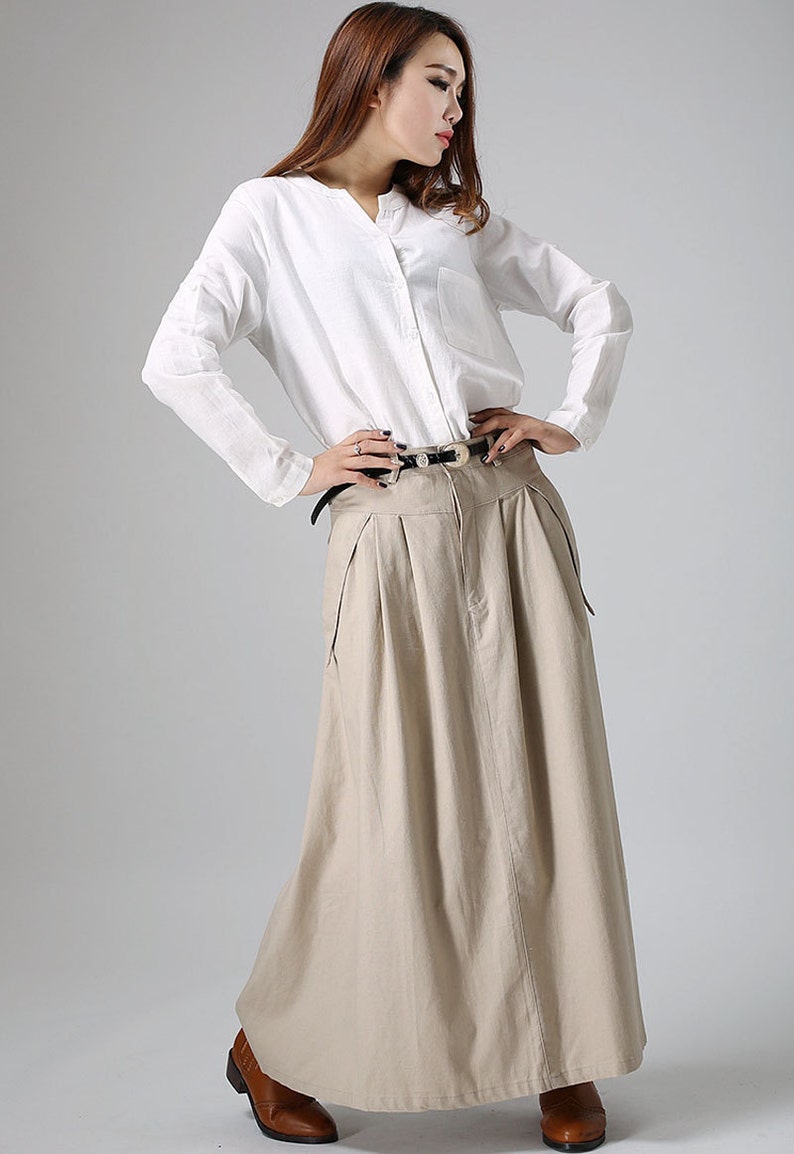 Khaki skirt, maxi skirt, long skirt, casual skirt, linen skirt, summer skirt, pleated skirt, fitted skirt, pockets skirt, gift ideas 0903 image 6