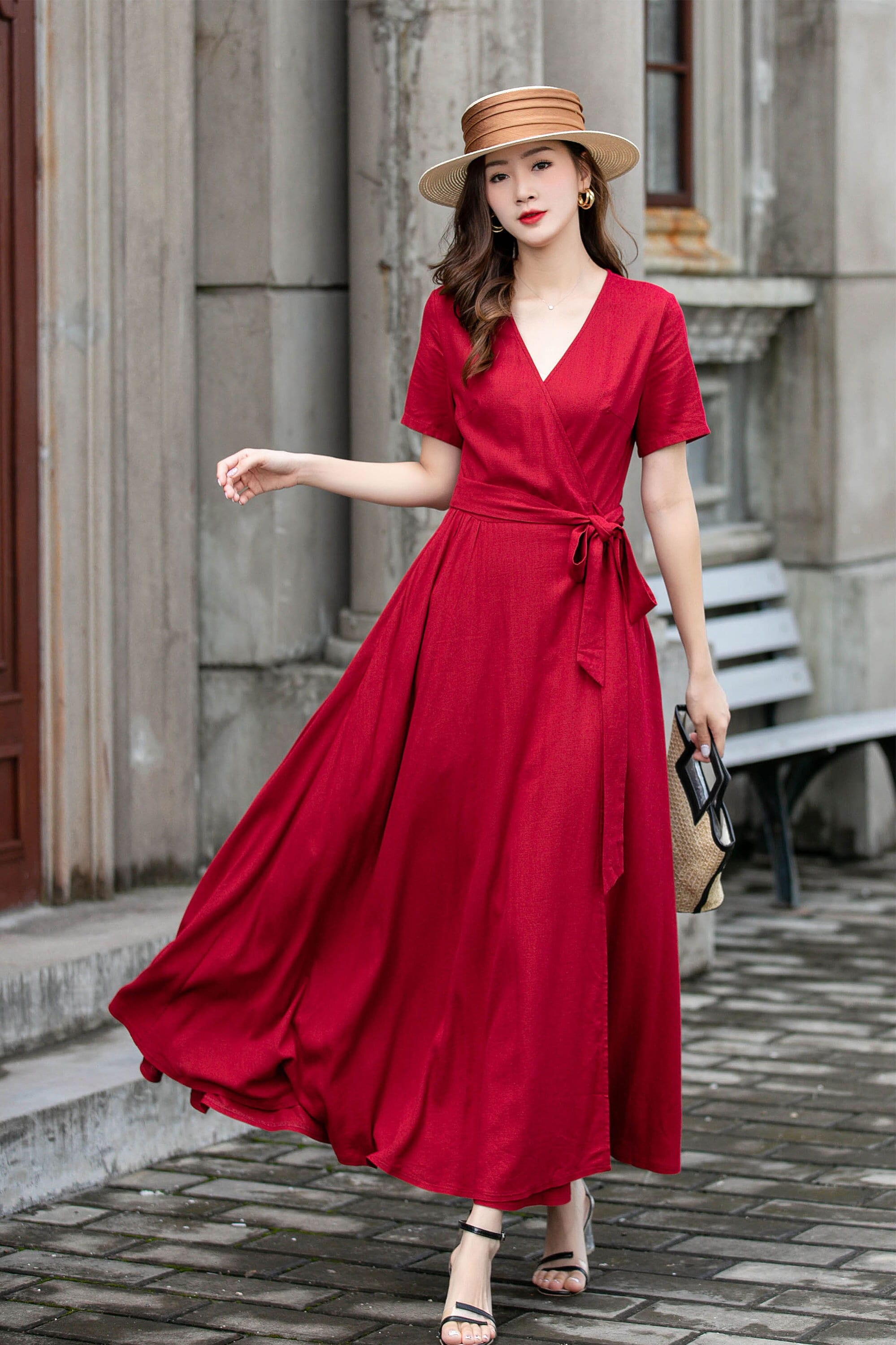 Red Linen Wrap Dress, Summer Linen Maxi Dress, Womens Dress, Long Linen Dress, Dress with Pockets, Short Sleeve Dress, Custom Dress 4425#