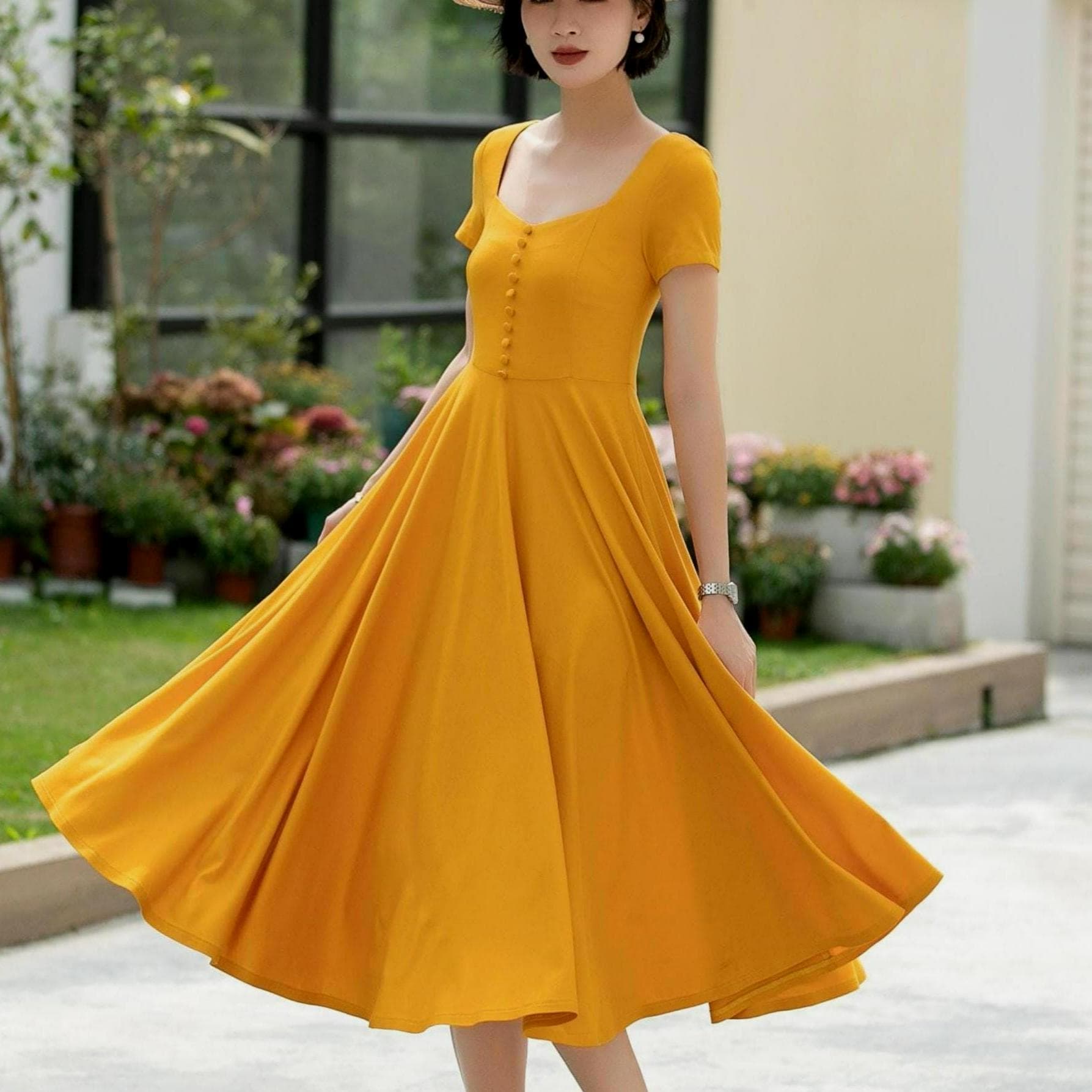 Yellow Midi Dresses for Women 5981 Yellow / Xs Vintage Inspired Yellow Swing Midi Dress, Summer Womens Short Sleeves Dress,  Bridesmaid Dress, Party Dress, Custom Dress, Xiaolizi5981 - Etsy