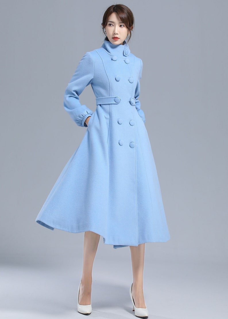 Navy blue coat, wool coat, warm winter coat, midi coat, womens coat, Fitted coat, double breasted coat, high collar, handmade coat 1600 Light blue