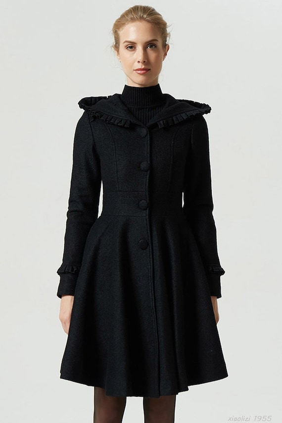 short black wool coat with ruffle details 1955 short black wool coat with ruffle details 1955