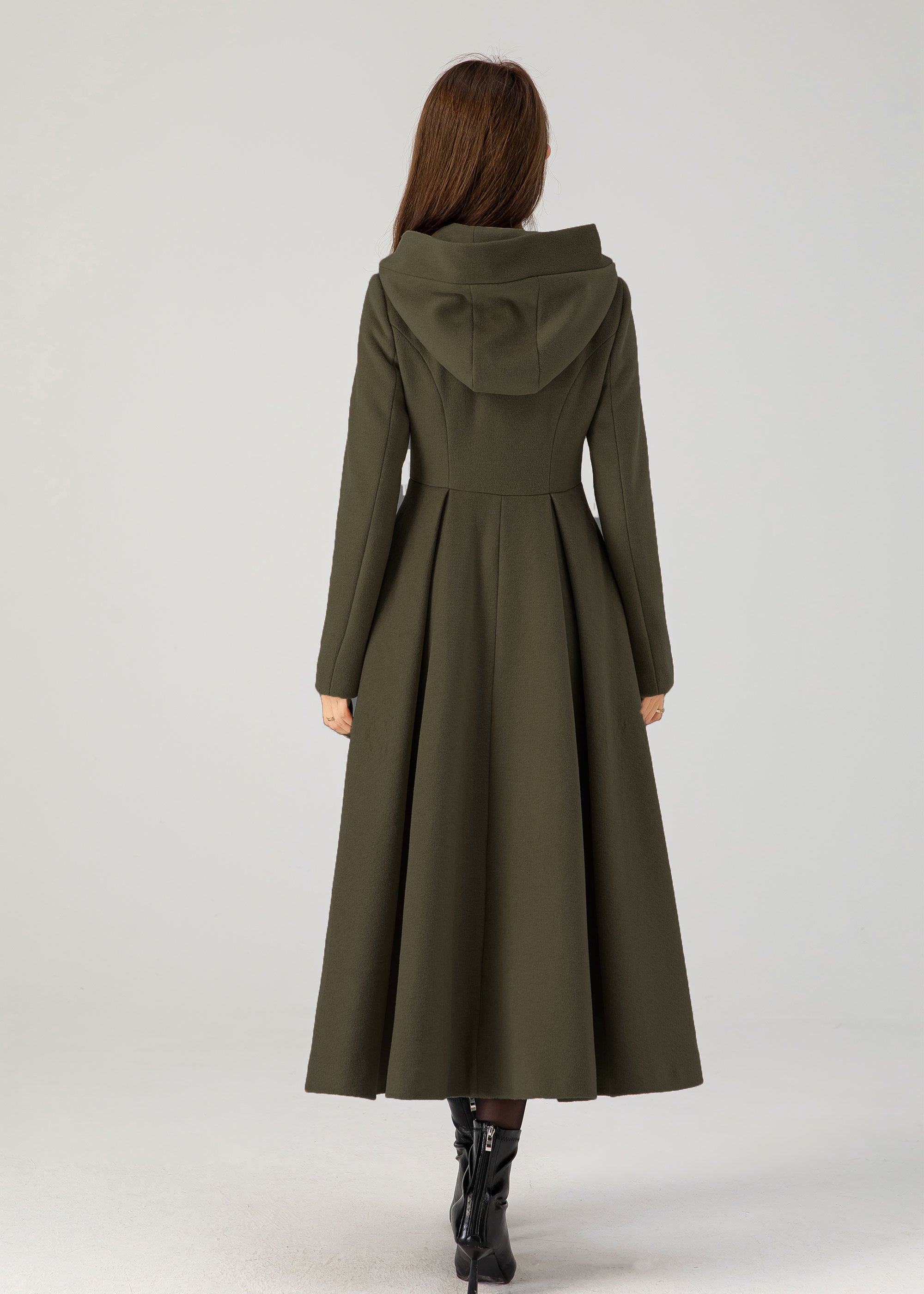 Womens Wool Coat, Long Swing Wool Coat, Hooded Wool Coat