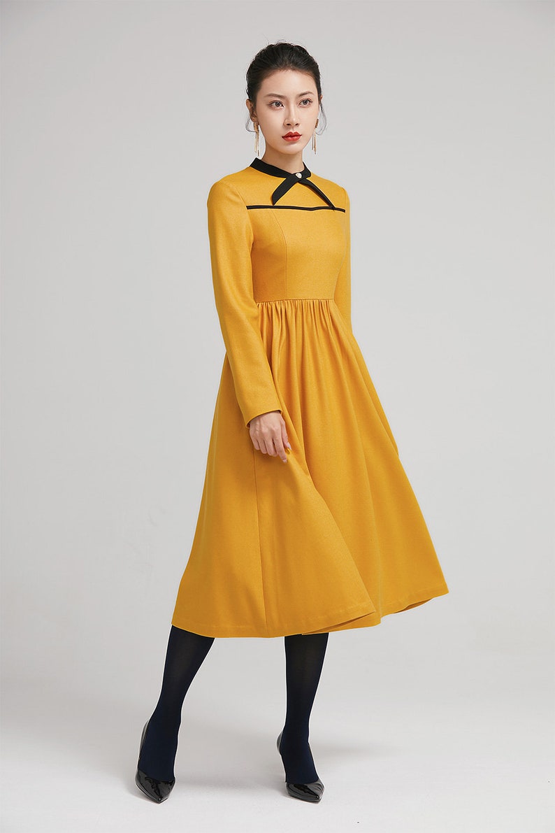 yellow dress, winter wool dress, fit and flare dress, formal dress, warm dress, womens dresses, long sleeves dress, modern dress 2233 image 2