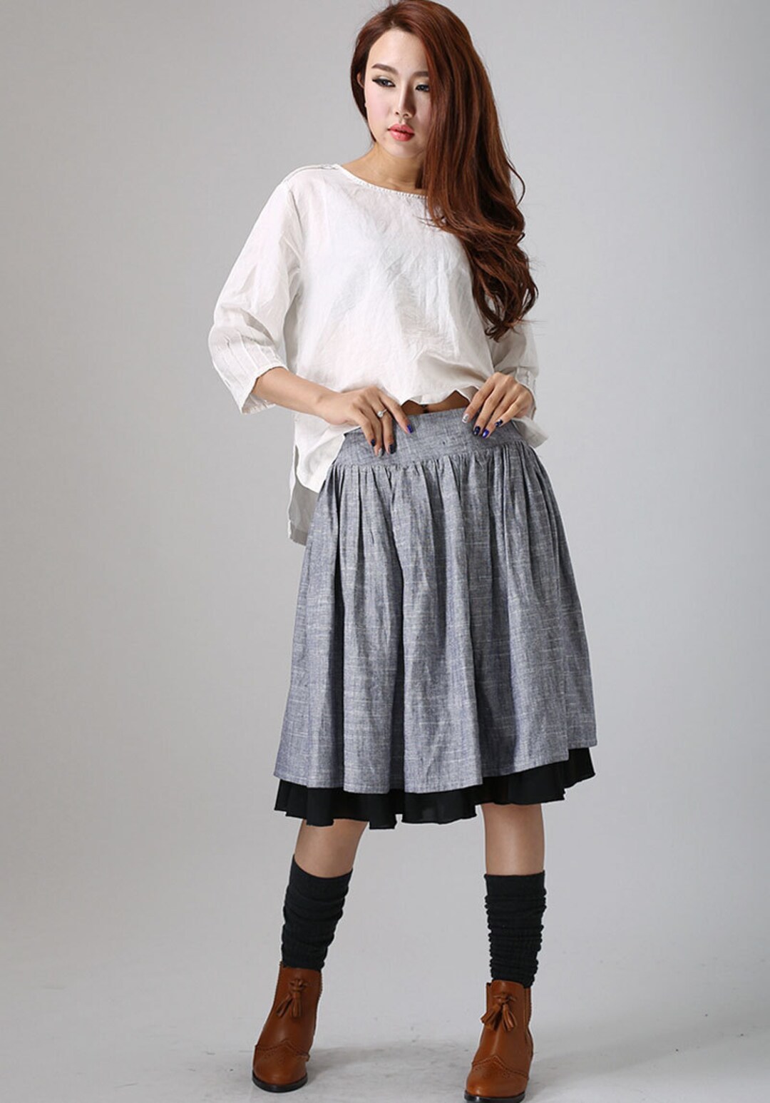 Gathered Midi Skirt, Linen Skirt, Skater Skirt, Gray Skirt, Women Skirt ...