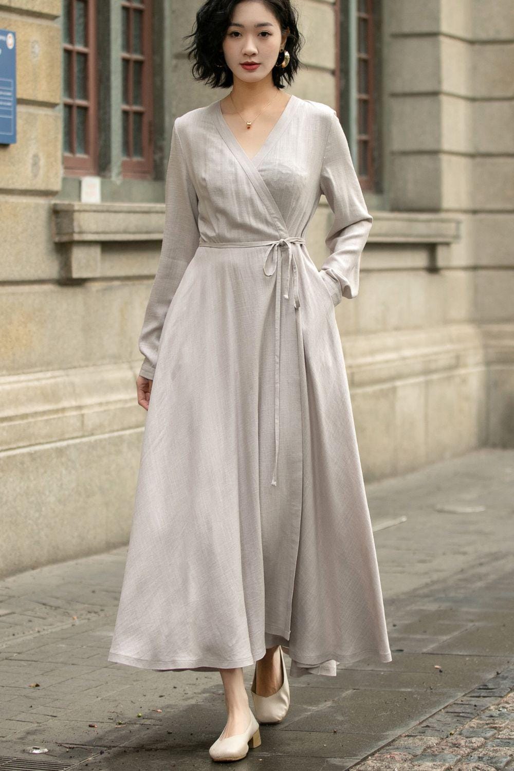 grey long sleeve v neck dress Wrap Linen Dress, for Women, V-neck Maxi Dress, Casual Linen Dress, Spring Linen Dress With Belted, Xiaolizi 5672 maternity wedding tulle dress