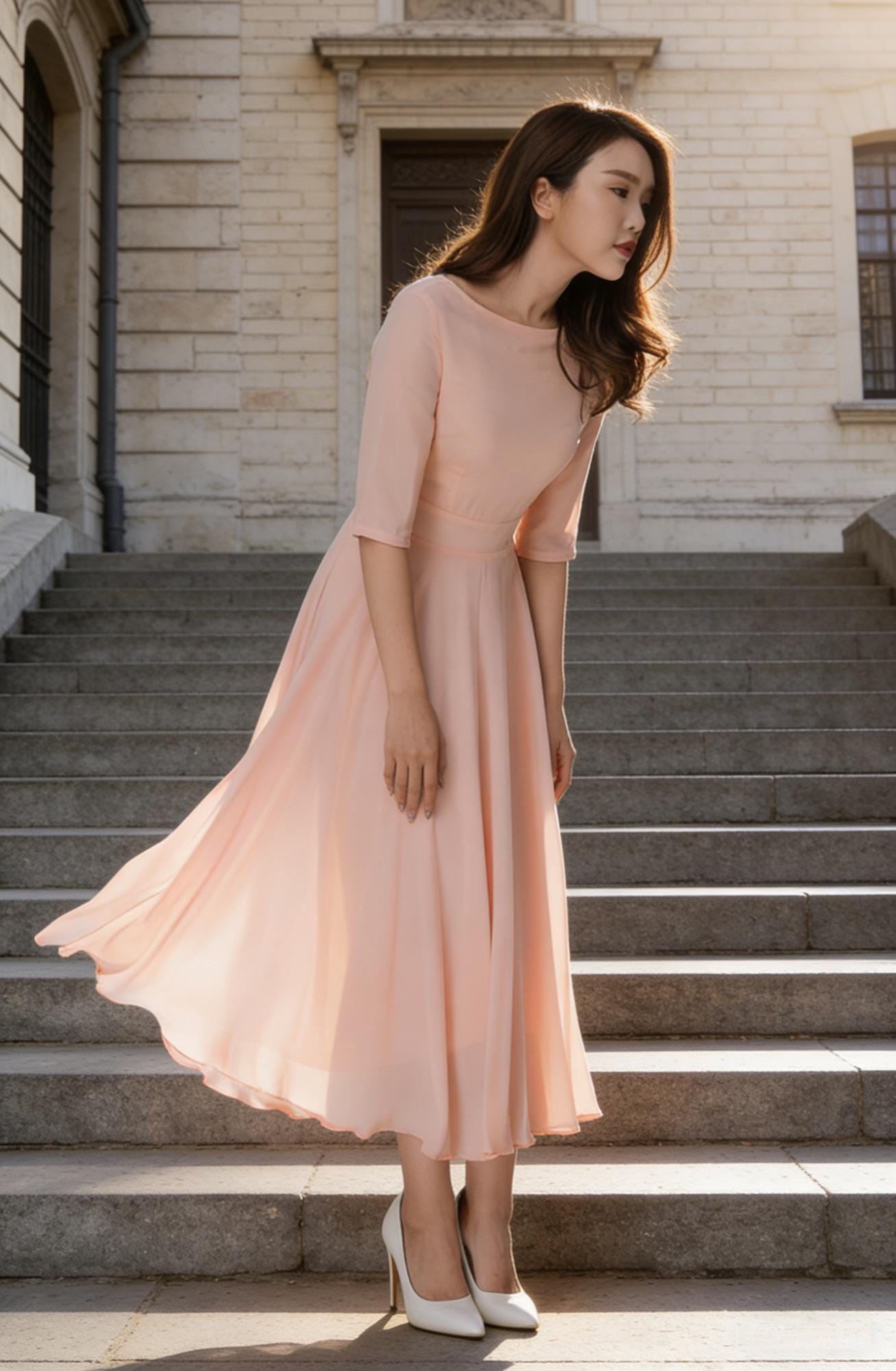 Blush Pink Chiffon maxi Dress for women, Bridesmaid Dress with Sleeves, Fit and Flare Summer Wedding Guest Dress, Long Prom Gown 1524#