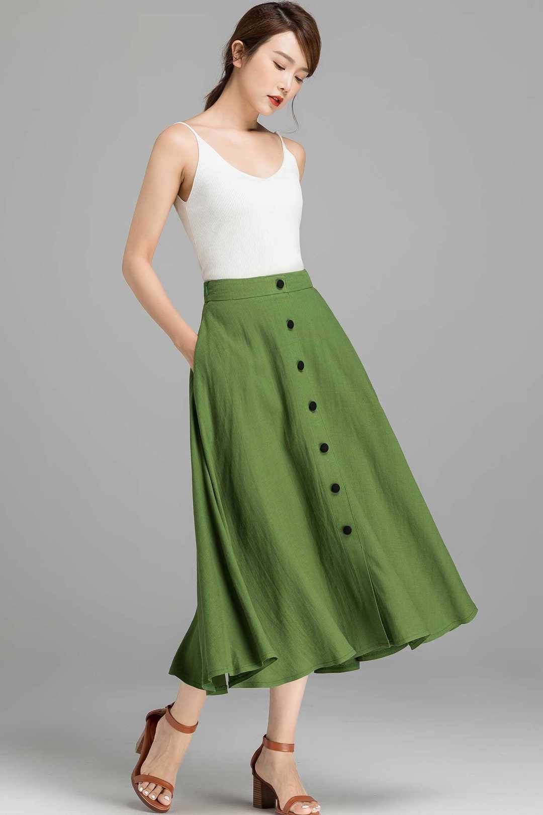 Button-down Linen Midi Skirt, A-line Swing Skirt, Linen Skirt, Green Skirt,  Women Skirt, High Waisted Skirt With Pockets, Summer Skirt 2368 