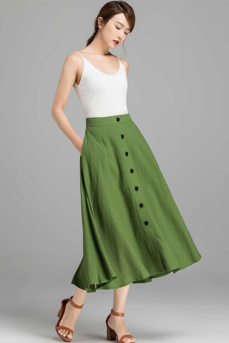 Button-Down Linen Midi skirt, A-Line swing skirt, Linen skirt, Green skirt, Women skirt, High waisted Skirt with pockets, Summer skirt 2368 image 1
