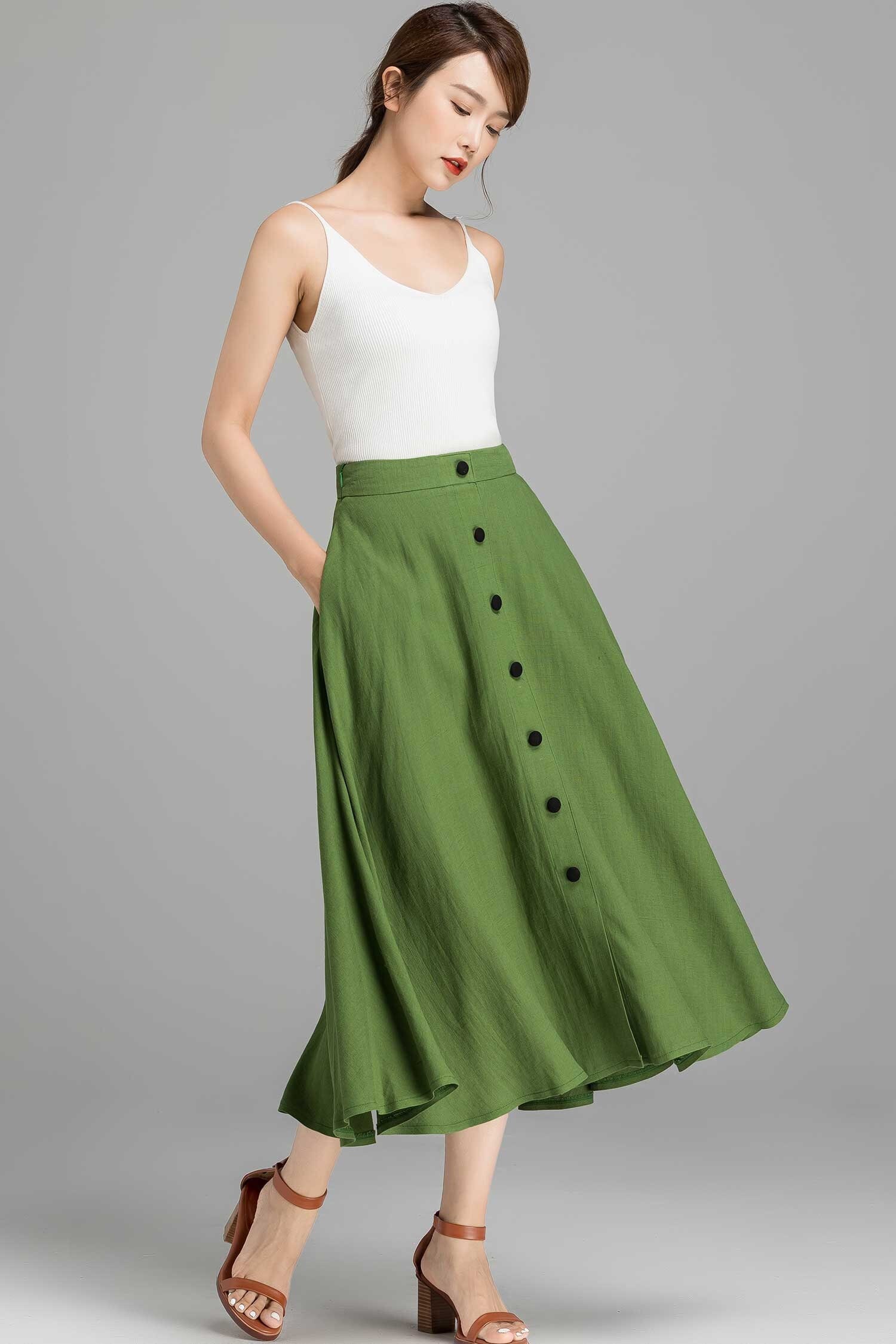 Button-down Linen Midi Skirt, A-line Swing Skirt, Linen Skirt, Green Skirt, Women  Skirt, High Waisted Skirt With Pockets, Summer Skirt 2368 -  Canada
