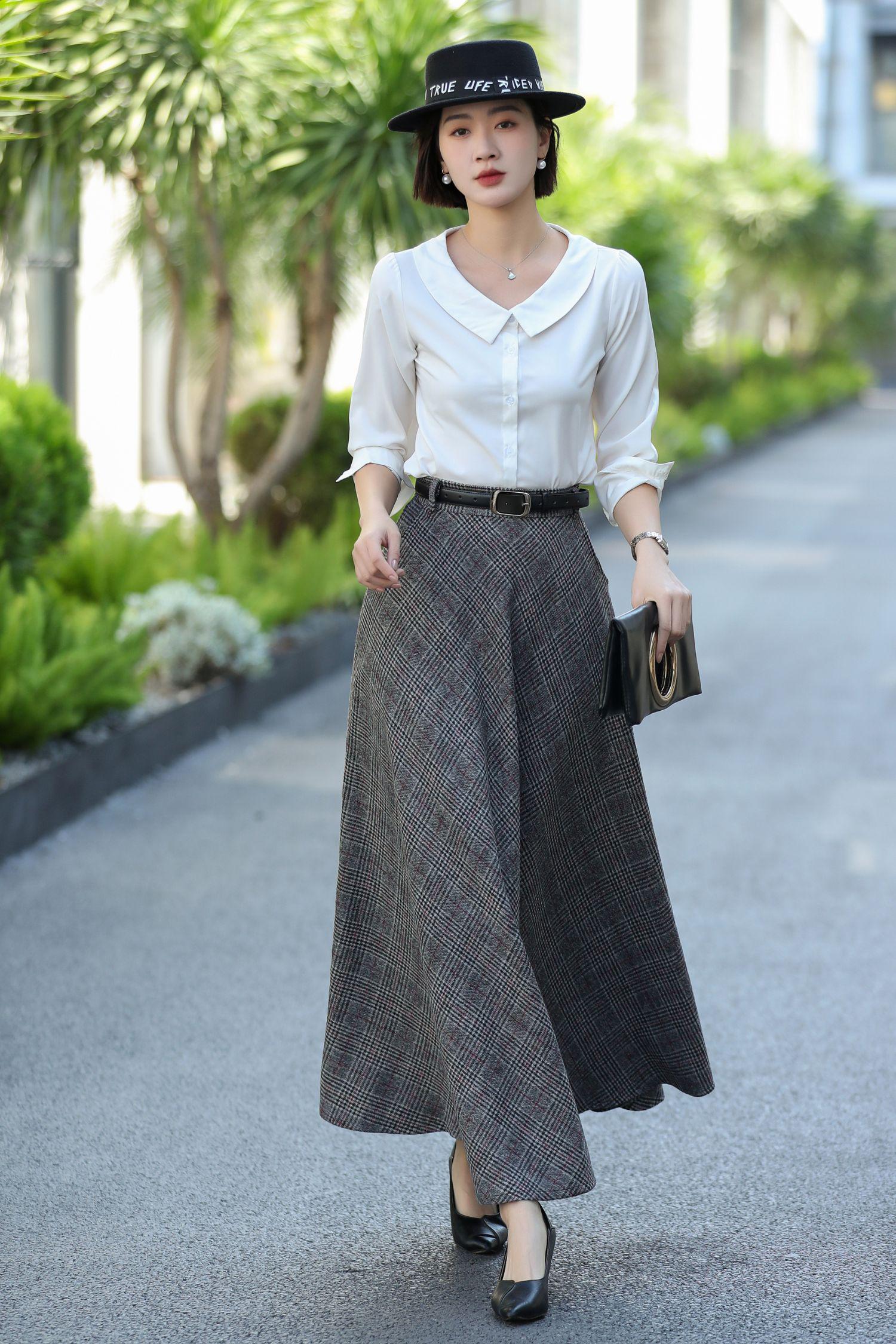 Jupe Longue En Laine à Carreaux Pour Femme - Taille Haute Élastique - Modèle Plissé Ligne A - Chaude Pour Hiver/Automne