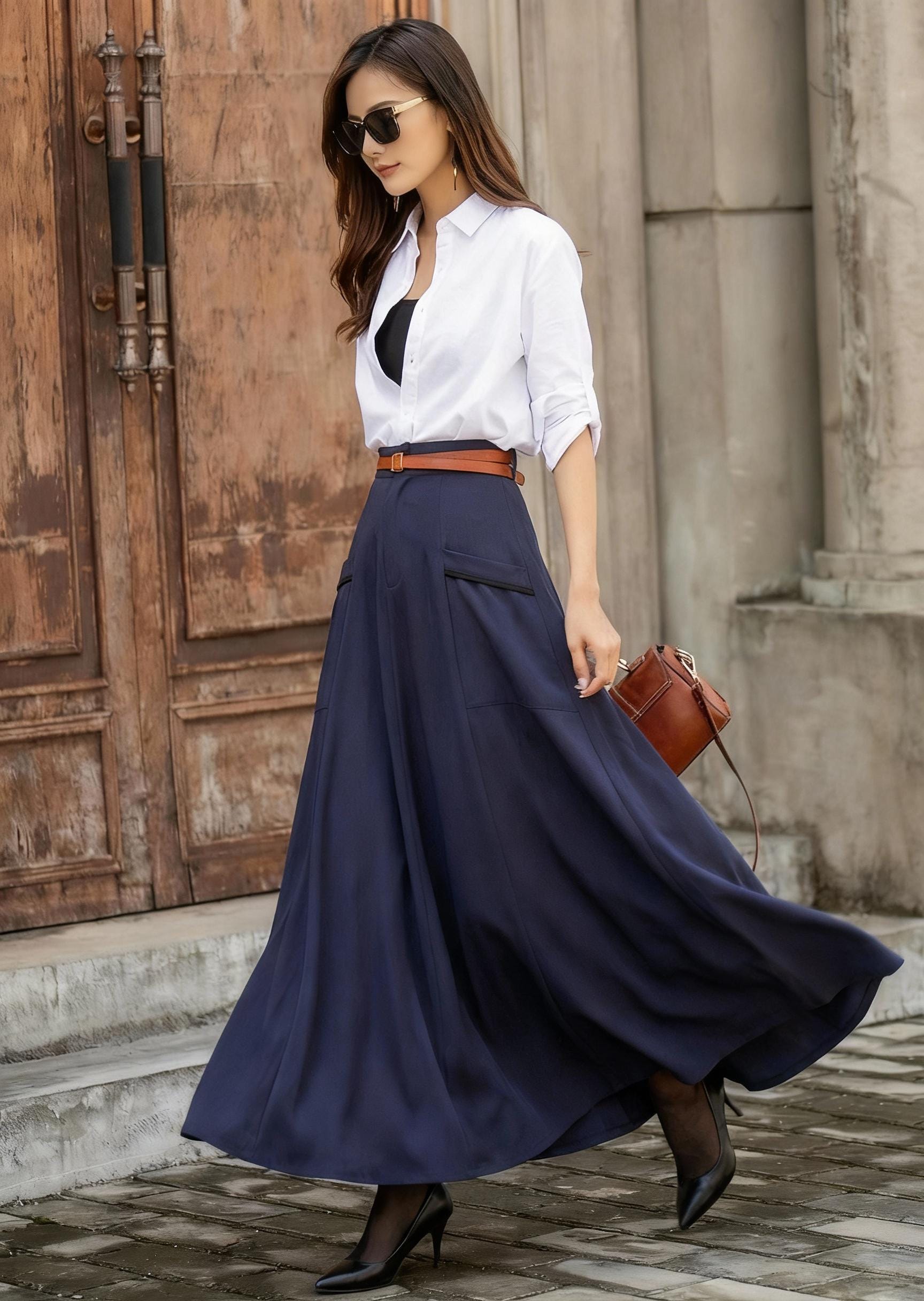 Long Swing Linen Maxi Skirt, A-line Linen Skirt, Navy Blue With