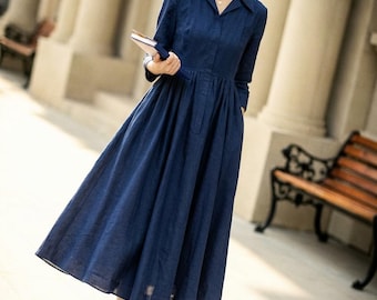 Blue Linen Shirt Dress: Pleated Midi Swing Dress with Collar, Custom, Xiaolizi 4955