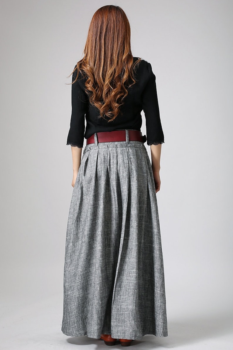 women linen maxi skirt, swing long pleated skirt, gray skirt, pockets skirt, casual skirt, xiaolizi 0911 image 4