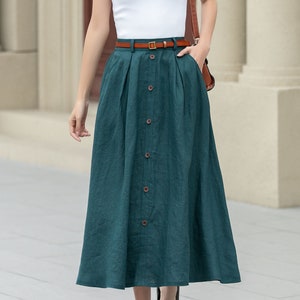 Linen skirt, Women's Midi skirt, A-Line linen Skirt, Button front Skirt, Dark Green Midi skirt with pockets, Plus size Skirt, Xiaolizi 4970 image 6