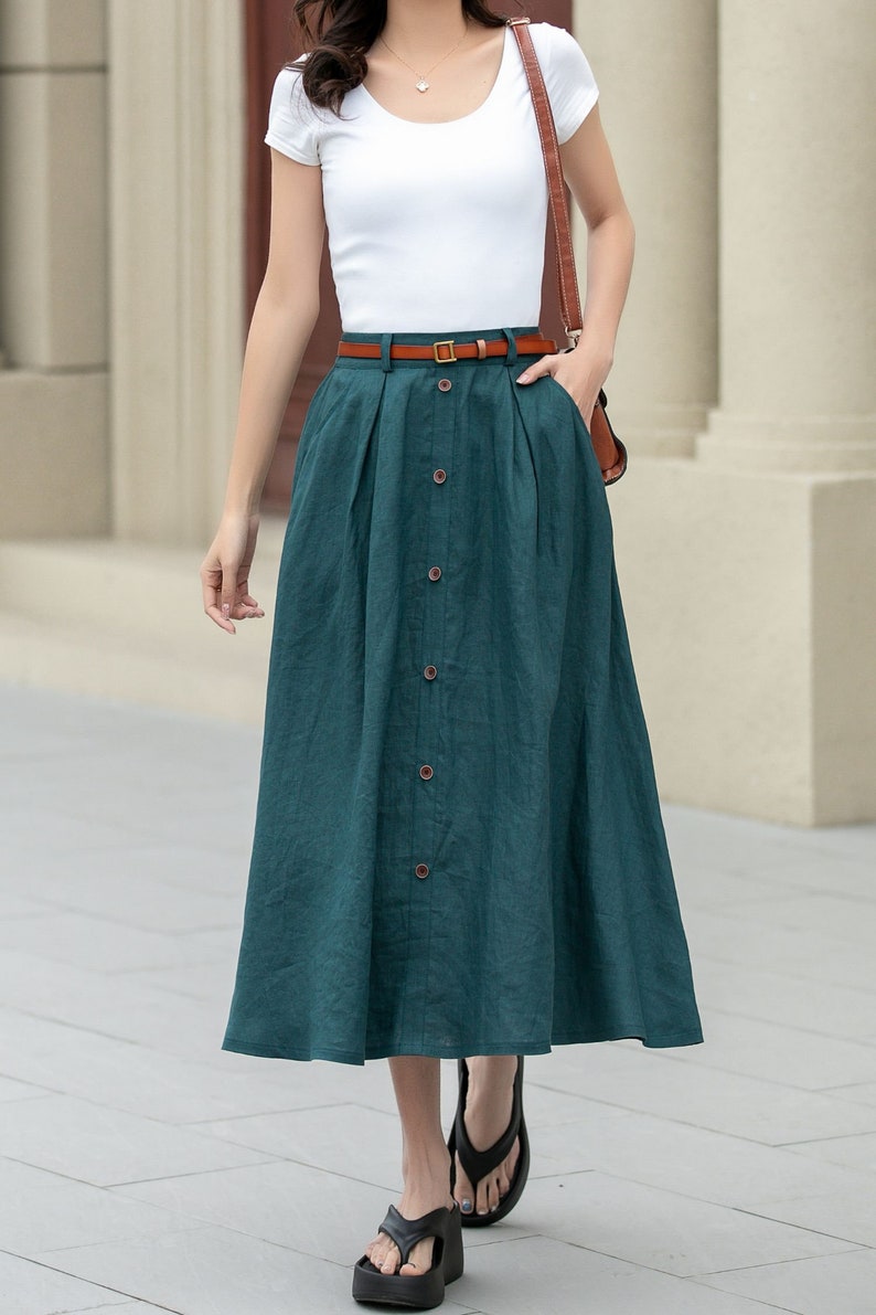 Linen skirt, Women's Midi skirt, A-Line linen Skirt, Button front Skirt, Dark Green Midi skirt with pockets, Plus size Skirt, Xiaolizi 4970 image 6