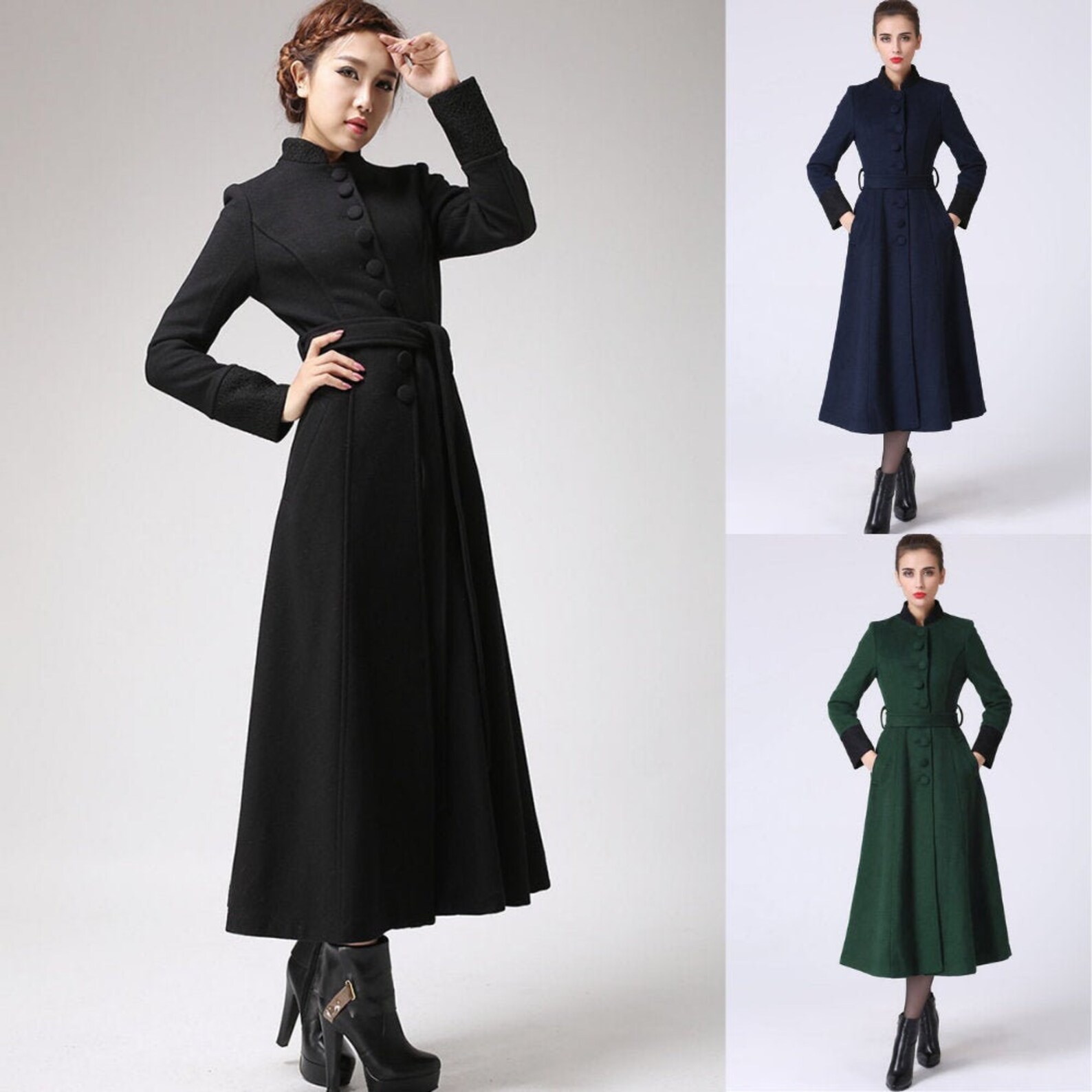 Black Maxi Wool coat Mandarin collar Long wool coat Winter | Etsy