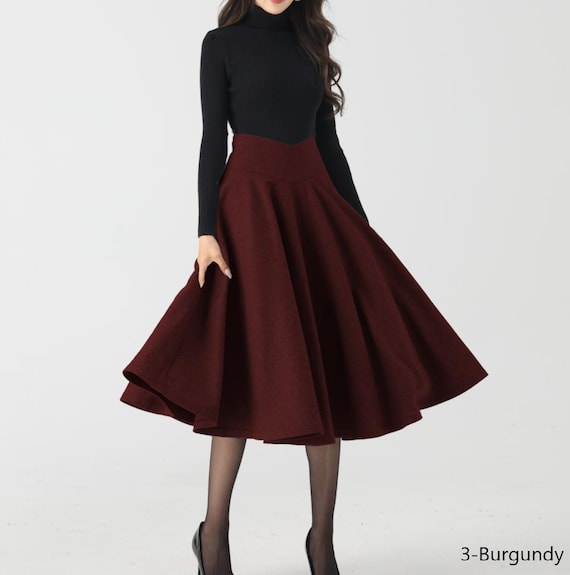 Wool Skirt, Burgundy Wool Skirt, Women Midi Swing Skirt