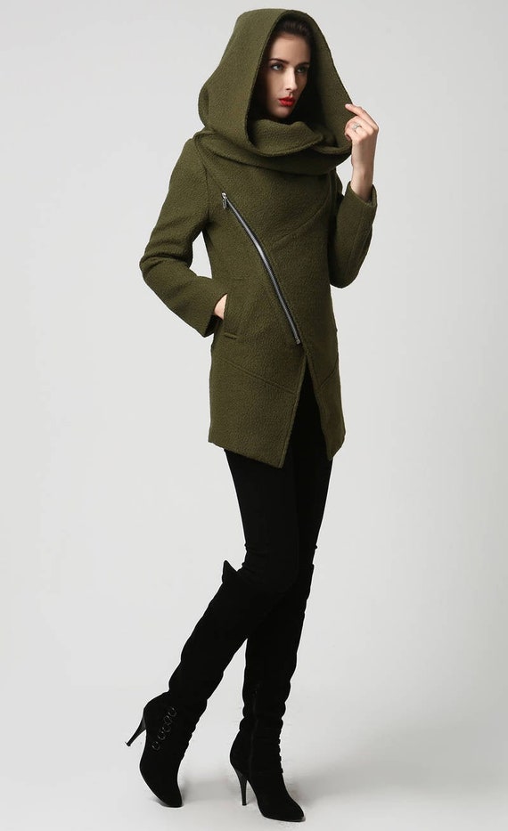 Womens Coats With Hood, Wool Coat, Winter Coat Ladies, Army Green Coat,  Short Coat, Hooded Coat, Asymmetrical Coat, Warm Winter Coat 1128 