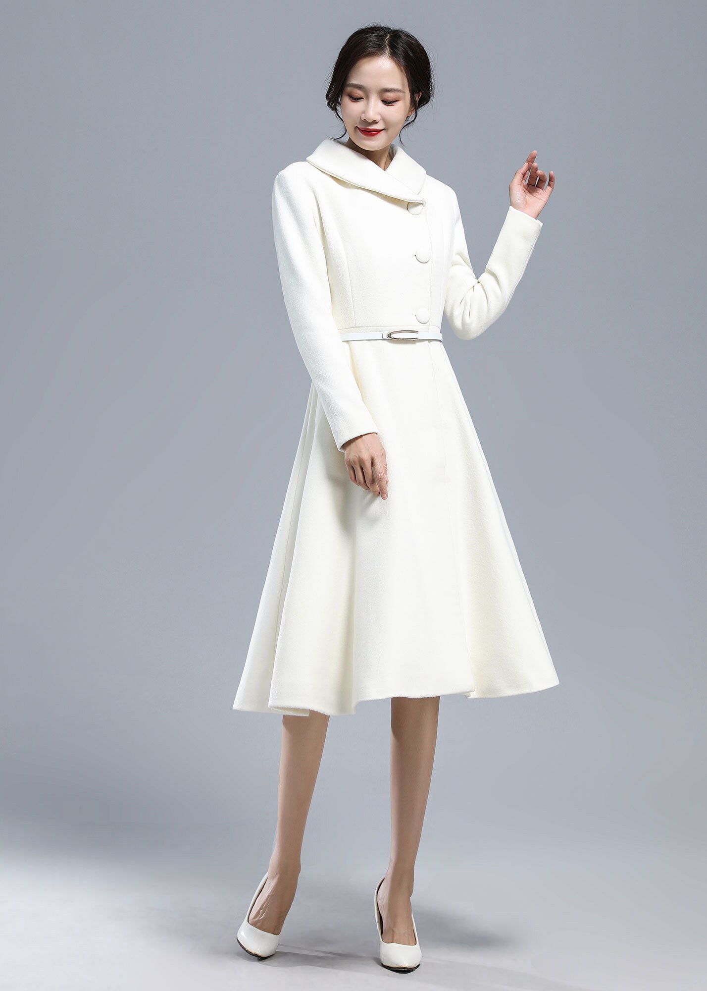 White Winter Wool Princess Coat Wedding Wool Coat Fit and Flare