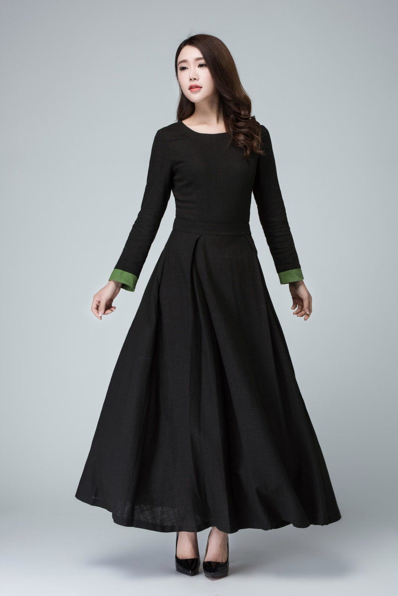 Long Sleeve Maxi dress in Black, Linen dress, Women's dress, Prom dress for women, full length dress, Contract Cuff Long party dress 1450 image 1