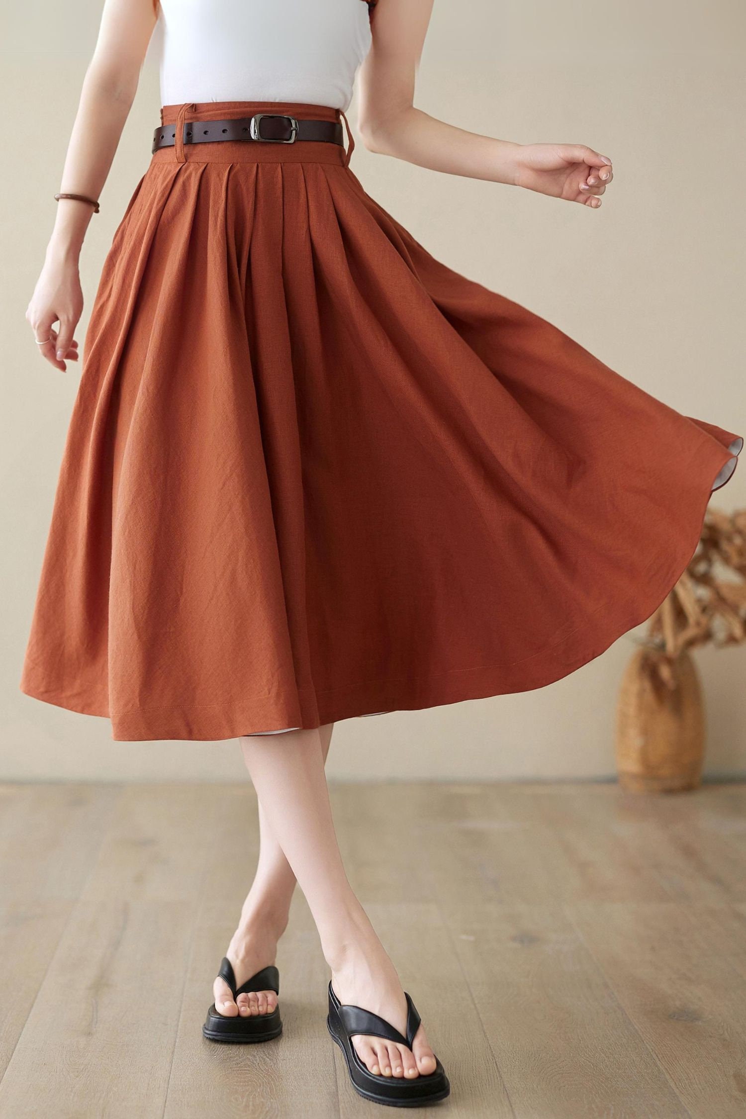 Linen Full Circle Skirt With Pockets, Pleated High Waist Skirt