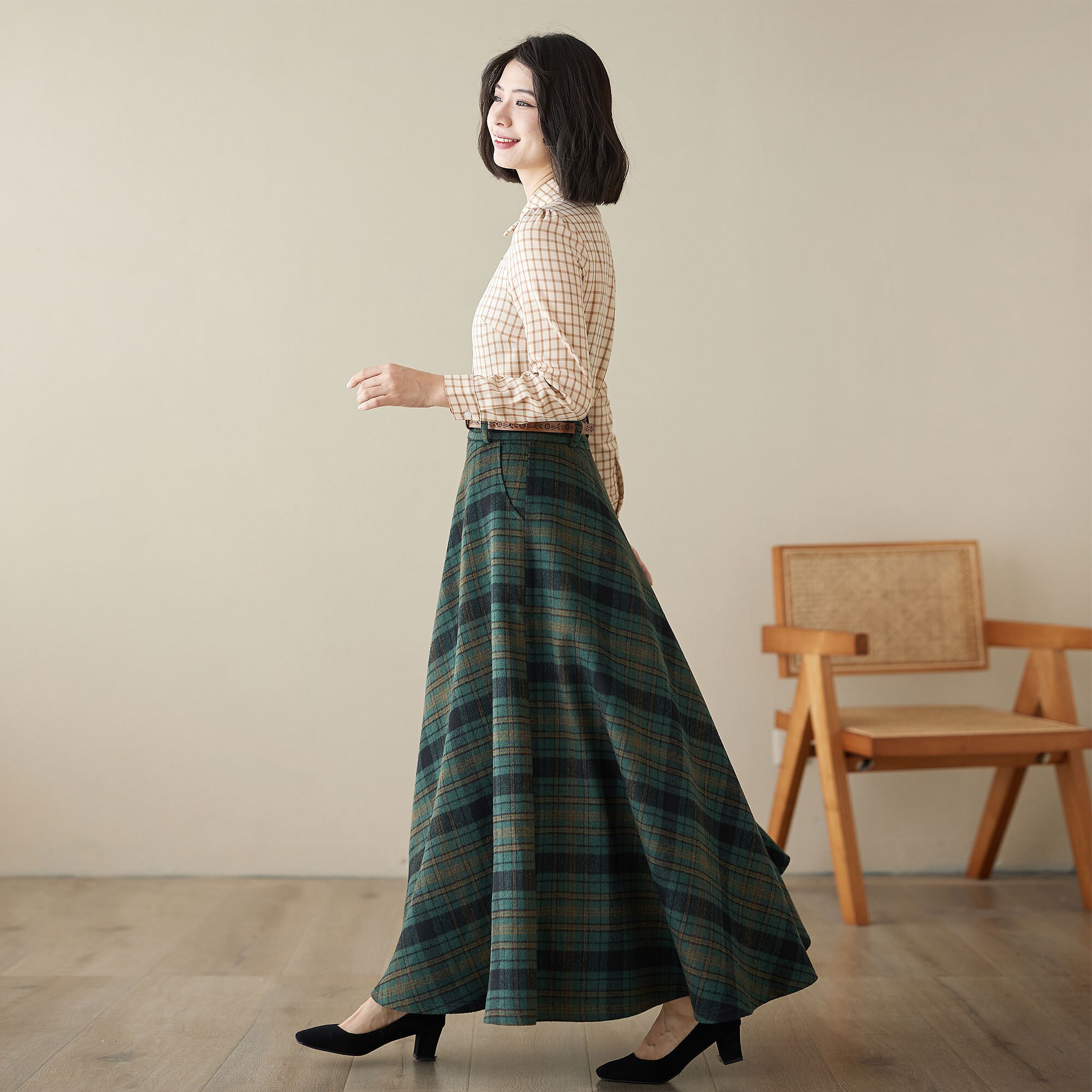 Green Maxi Wool Plaid Skirt, Long Wool Skirt With Pockets