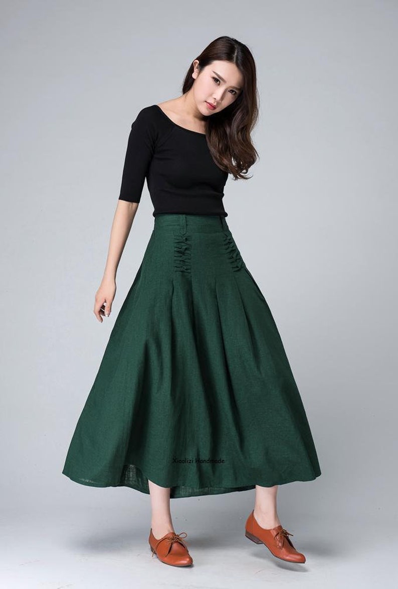 1950s High Waist Midi Skirt in Green Linen Skirt Pleated - Etsy