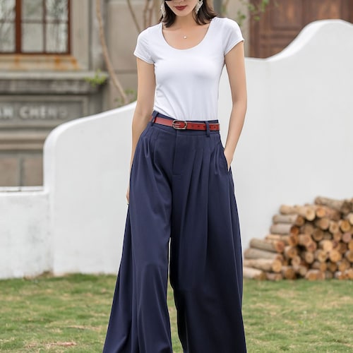Women's Pleated High Waisted Wide Leg Pants, Belted Palazzo