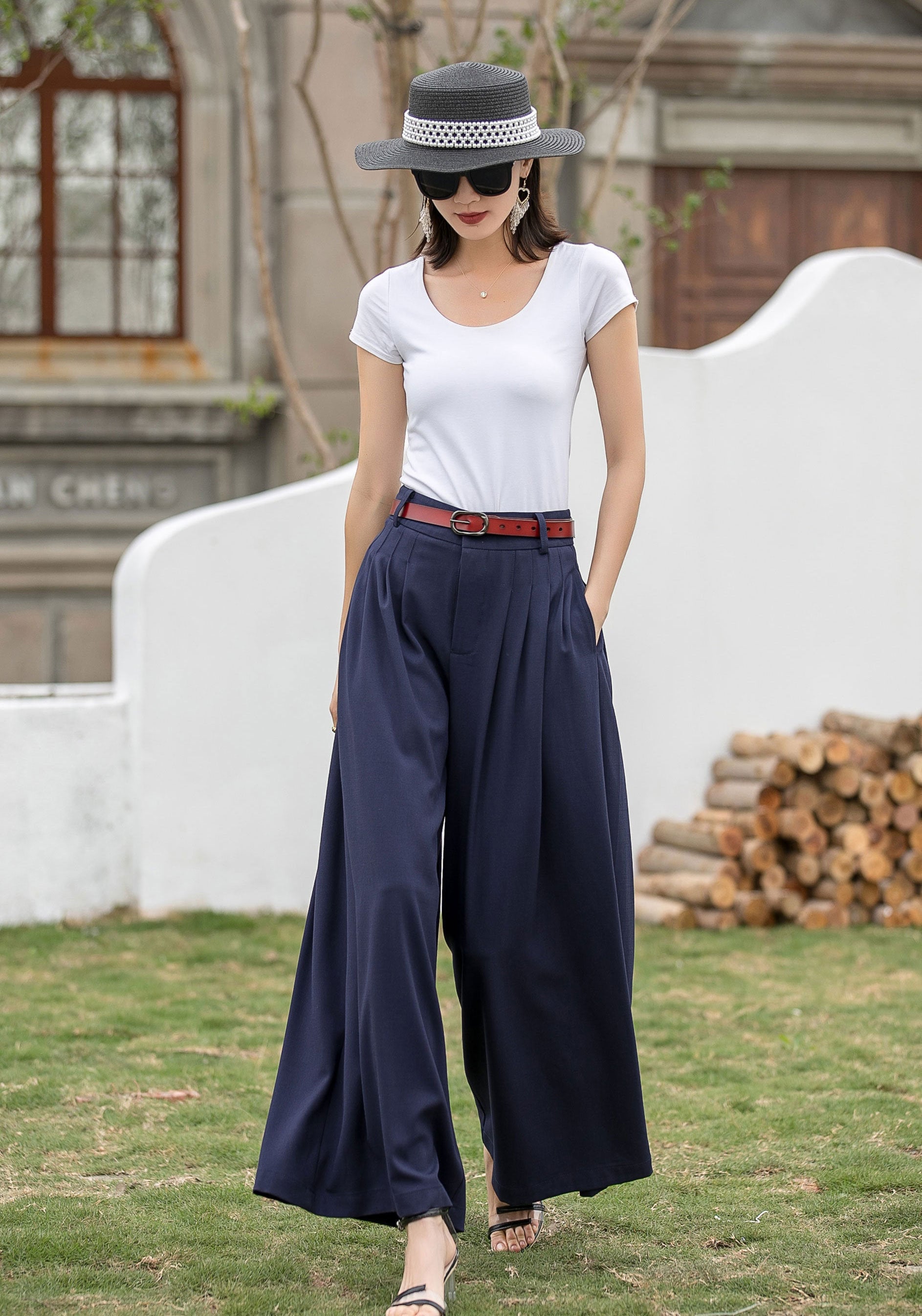 NEW LADIES FLARED PLEATED WIDE LEG PALAZZO  BAGGY  PANTS 