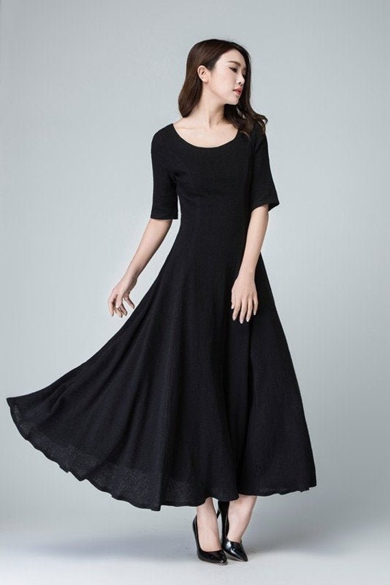 Black Linen Dress, Linen Dress, A Line Dress, Maxi Dress, Womens Dresses,  Linen Summer Dress, Fit and Flare Dress, Long Linen Dress 1467 